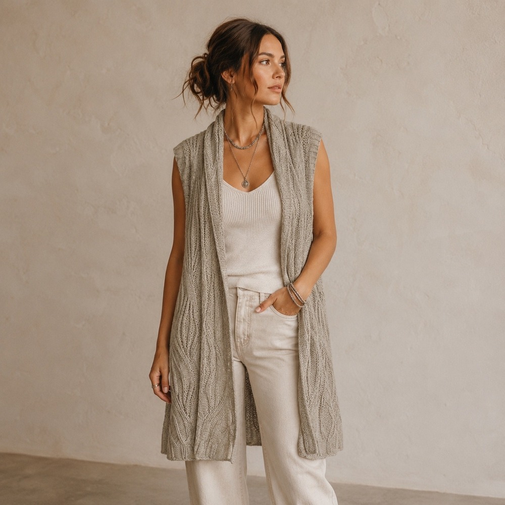 CAbi Artsy Boho Cable Knit Longline Vest Oatmeal Wool Blend Size S